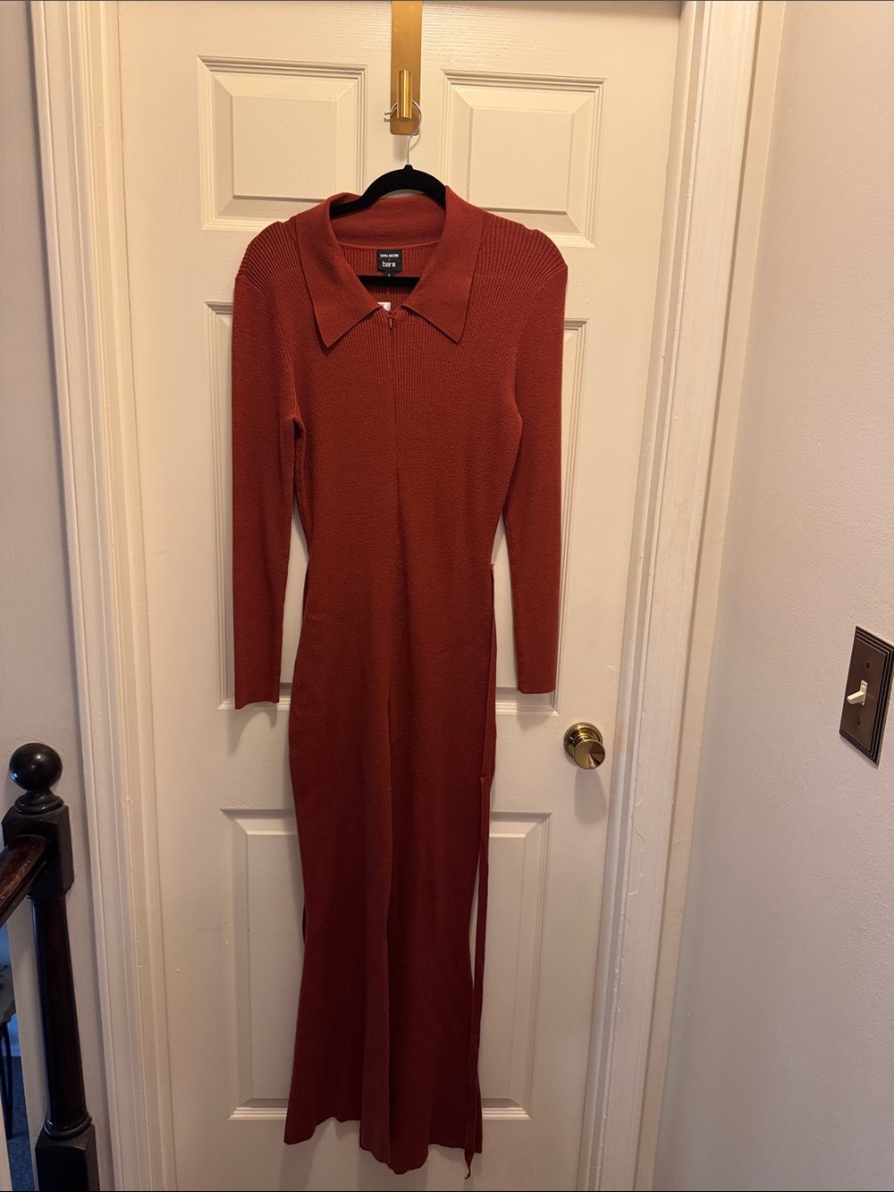 Zara Rust-Copper Collared Ribbed   Jumpsuit